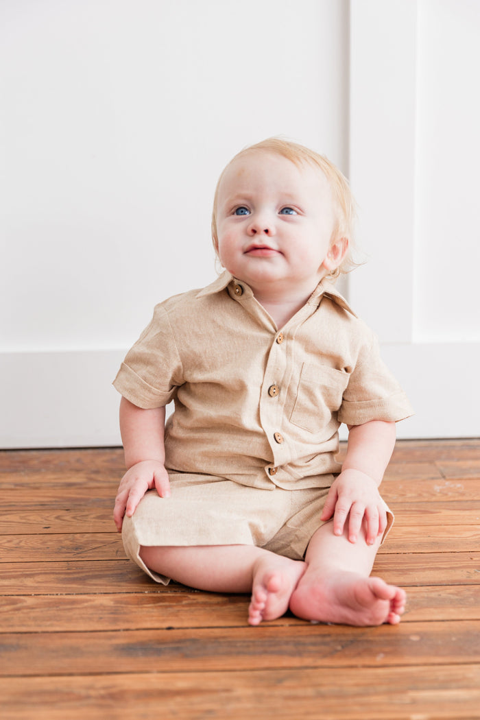 Beige Chambray Boys Shirt & Shorts set Shirt-Shorts Yo Baby India