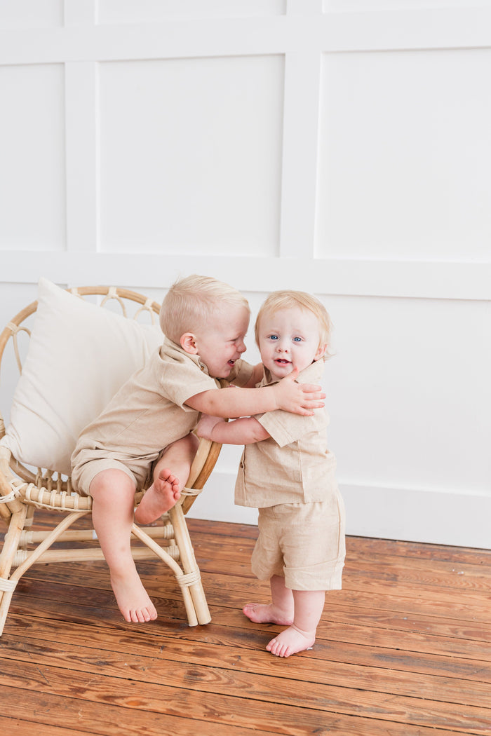 Beige Chambray Boys Shirt & Shorts set Shirt-Shorts Yo Baby India