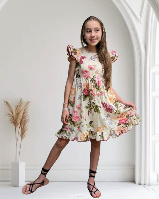 Beige Floral Dress with Lace Details for Kids and Infants DRERSdress & diaper cover Yo Baby India