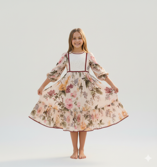 Beige Floral Maxi Dress with Lace Finish for Infants, Kids, and Women.