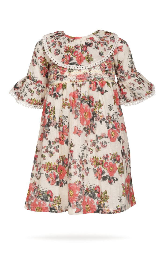 Beige Printed Fit & Flare Dress with Smocked Waist and Ruffle Details dress & diaper cover Yo Baby India