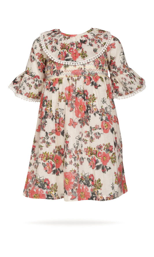 Beige Printed Fit & Flare Dress with Smocked Waist and Ruffle Details dress & diaper cover Yo Baby India
