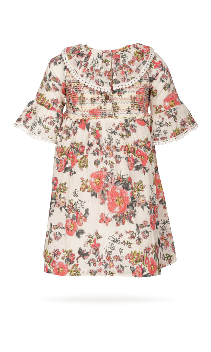 Beige Printed Fit & Flare Dress with Smocked Waist and Ruffle Details dress & diaper cover Yo Baby India