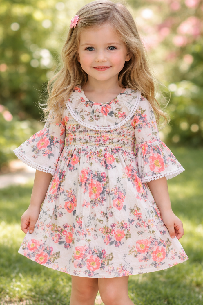 Beige Printed Fit & Flare Dress with Smocked Waist and Ruffle Details