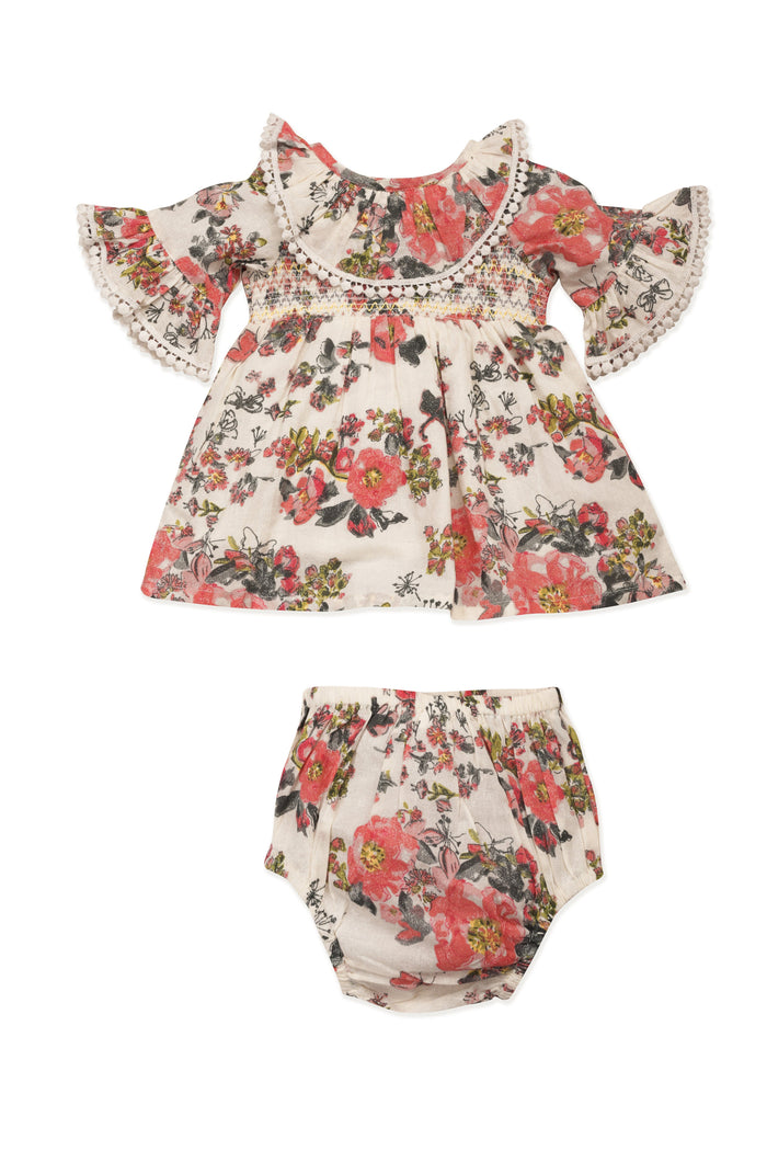 Beige Printed Fit & Flare Dress with Smocked Waist and Ruffle Details dress & diaper cover Yo Baby India