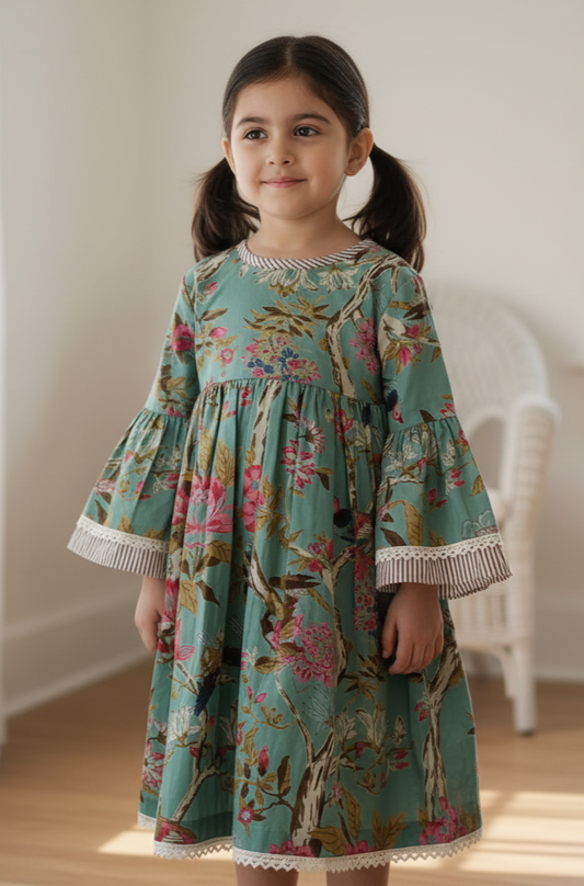 Bella Dress in Sage for Infant, Toddler & Tween – 100% Cotton with Bell Sleeves and Lace