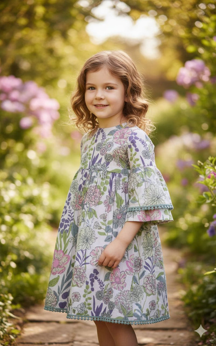 Bella Dress – Lavender | Infant, Toddler & Tween Cotton Dress with Bell Sleeves, Lace & Matching Bloomers