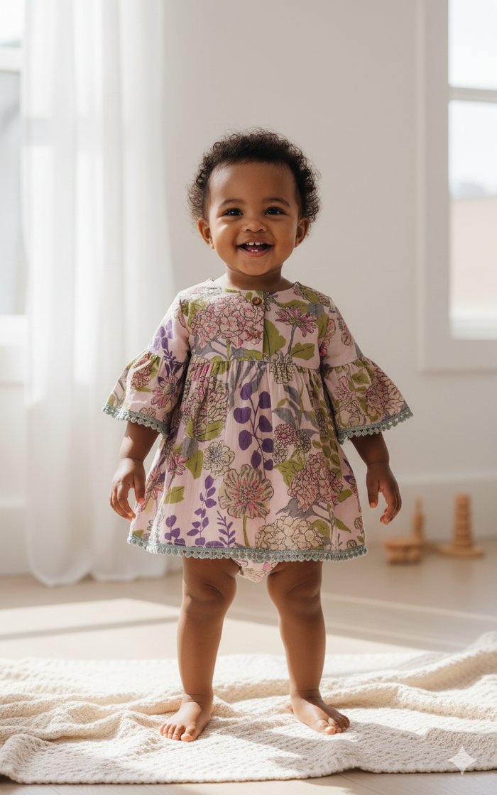 Bella Dress – Lavender | Infant, Toddler & Tween Cotton Dress with Bell Sleeves, Lace & Matching Bloomers