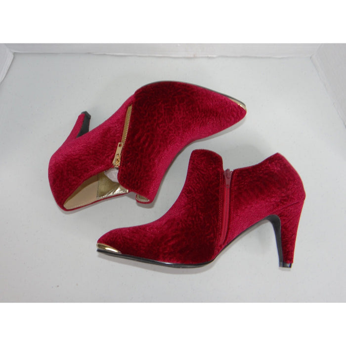 Bellini Womens Wine Red Crushed Velvet Pointed Toe Ankle Booties Gold Tip 34421