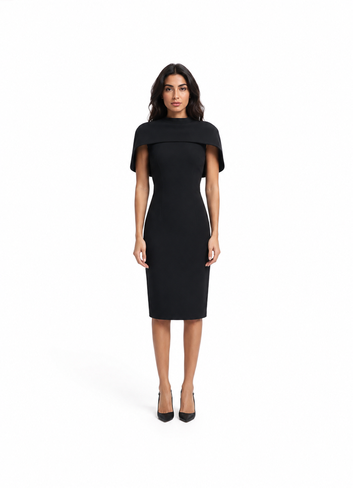 Black Cape-Shoulder Midi Dress – NOCTELLE
