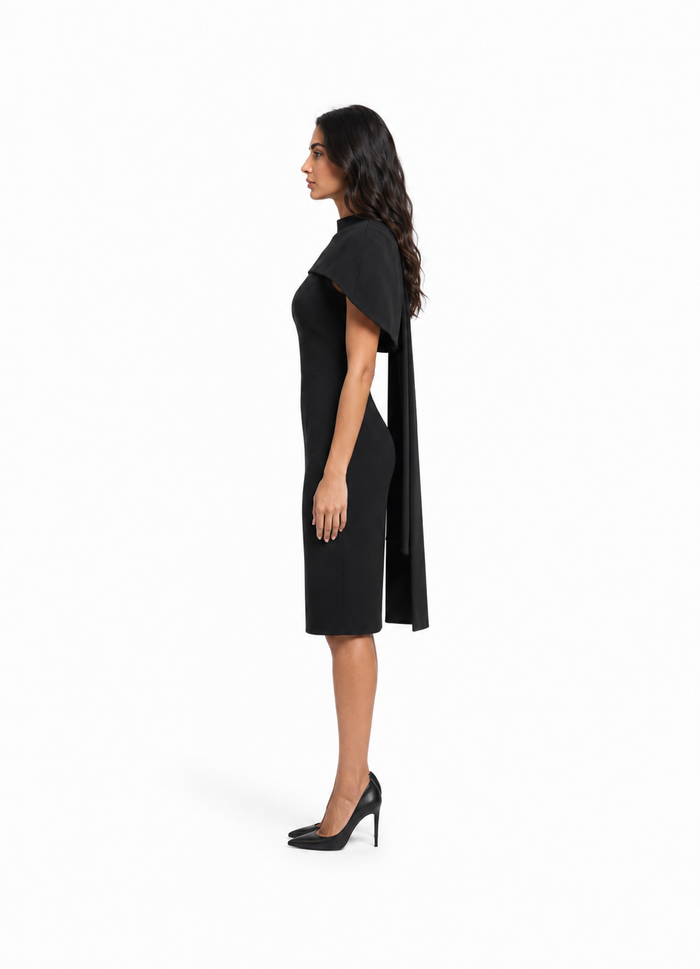 Black Cape-Shoulder Midi Dress – NOCTELLE