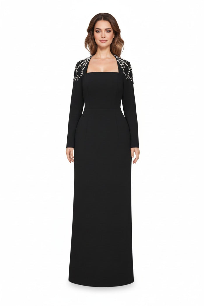 Black column dress with beaded shoulders and long sleeves - Telqo-1