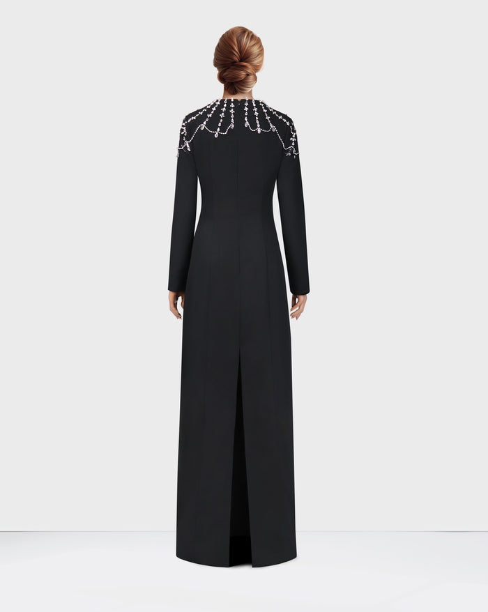 Black column dress with beaded shoulders and long sleeves - Telqo-1