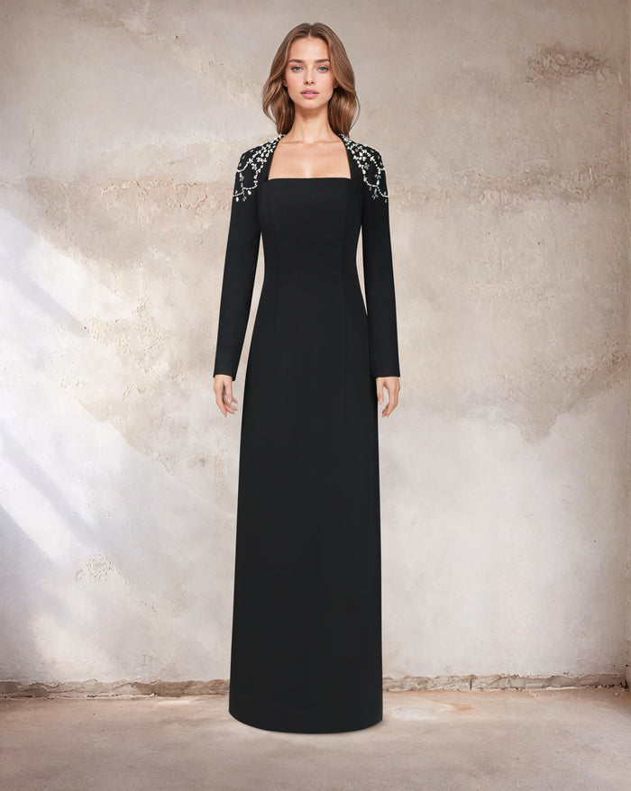 Black column dress with beaded shoulders and long sleeves - Telqo-1