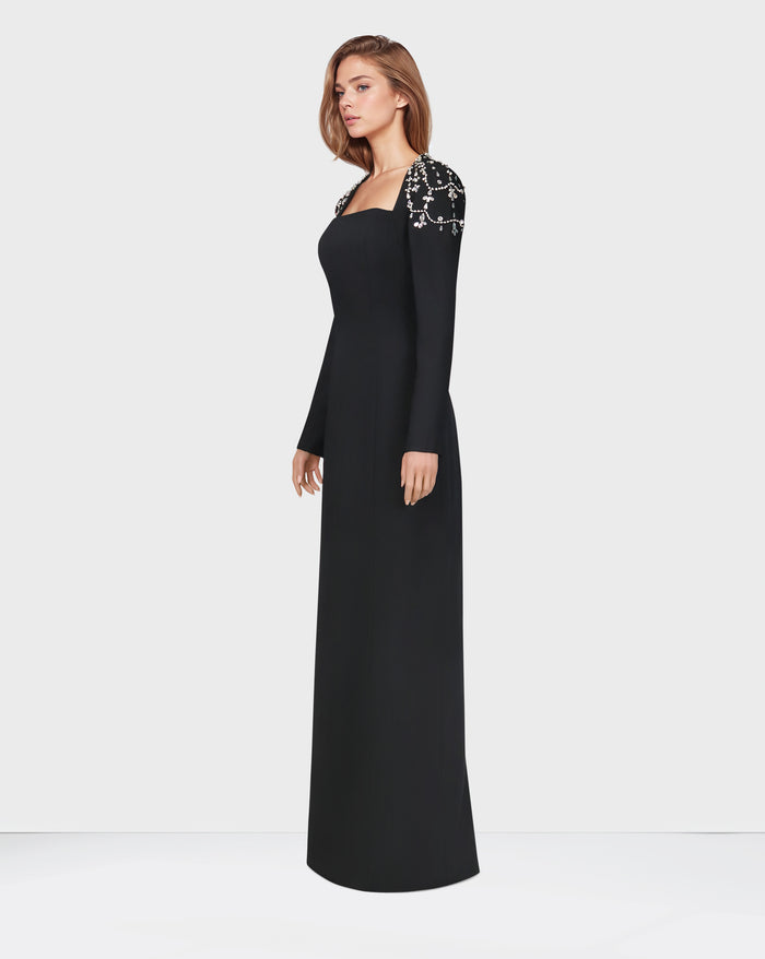 Black column dress with beaded shoulders and long sleeves - Telqo-1