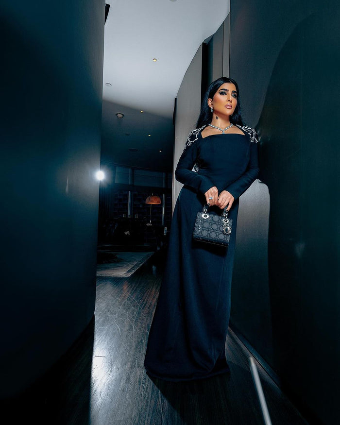 Black column dress with beaded shoulders and long sleeves - Telqo-1