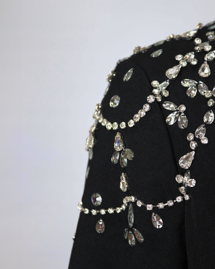 Black column dress with beaded shoulders and long sleeves - Telqo-1