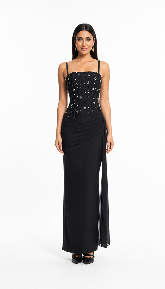 Black Crystal Embellished Draped Evening Dress – SERAPHINE