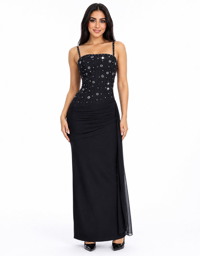 Black Crystal Embellished Draped Evening Dress – SERAPHINE