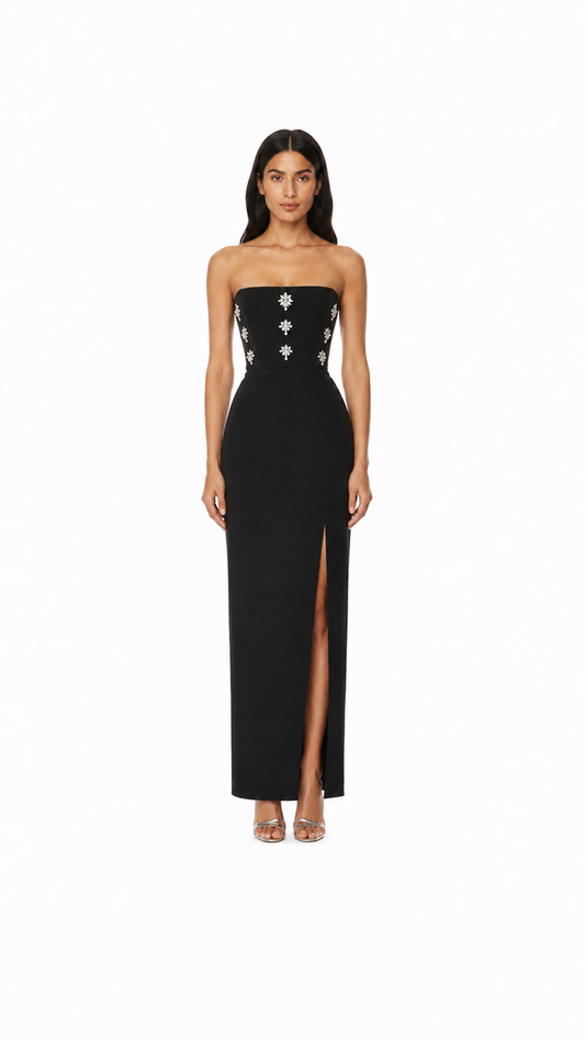 Black Crystal Embellished Strapless Midi Dress – VARELLE