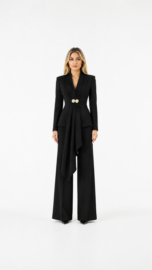 Black Draped Blazer & Wide-Leg Pants Set – MONTRÉA