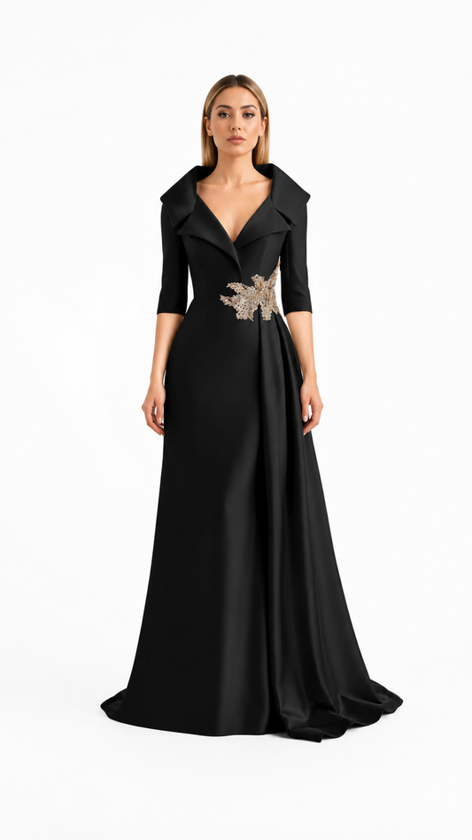 Black Embellished Waist Satin Evening Gown – VELORA