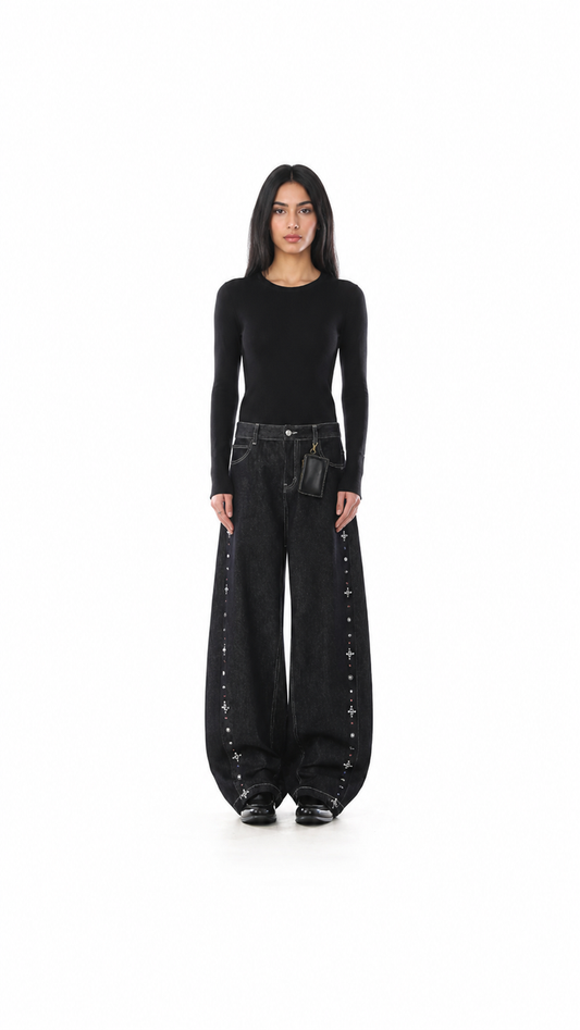 Black Embellished Wide-Leg Jeans – KELVOR