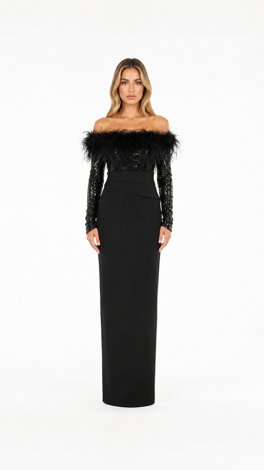 Black Feather Off-Shoulder Evening Dress – FEVORA