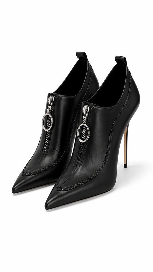 Black Medallion Detail Pointed Toe Ankle Heels – VANTÉRA