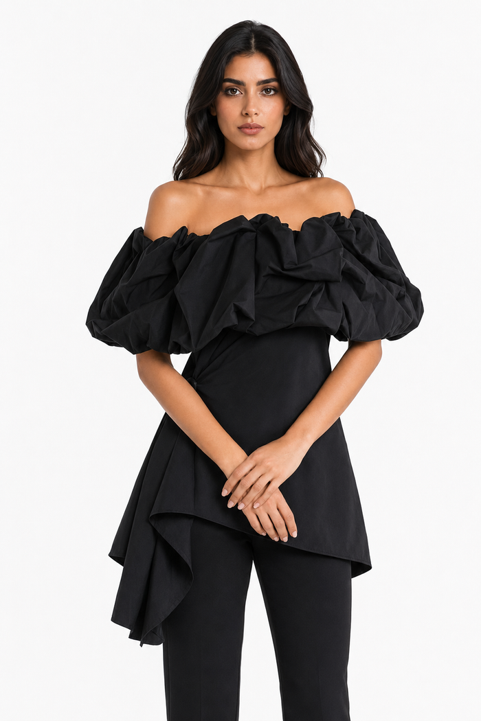 Black Off-Shoulder Ruffle Asymmetric Top – RAVEN