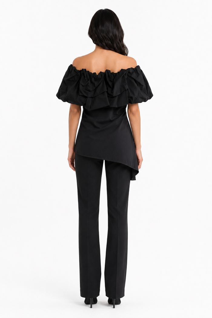 Black Off-Shoulder Ruffle Asymmetric Top – RAVEN