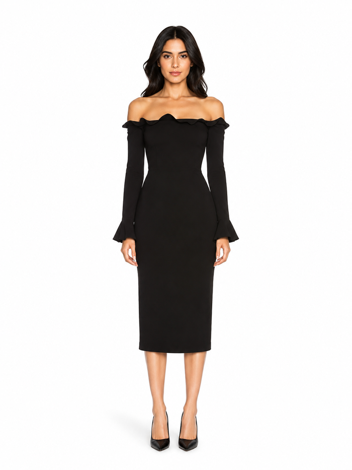 Black Off-Shoulder Ruffle Midi Dress – Noiré