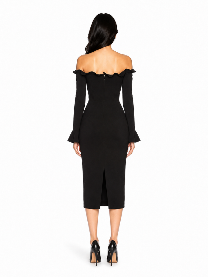 Black Off-Shoulder Ruffle Midi Dress – Noiré