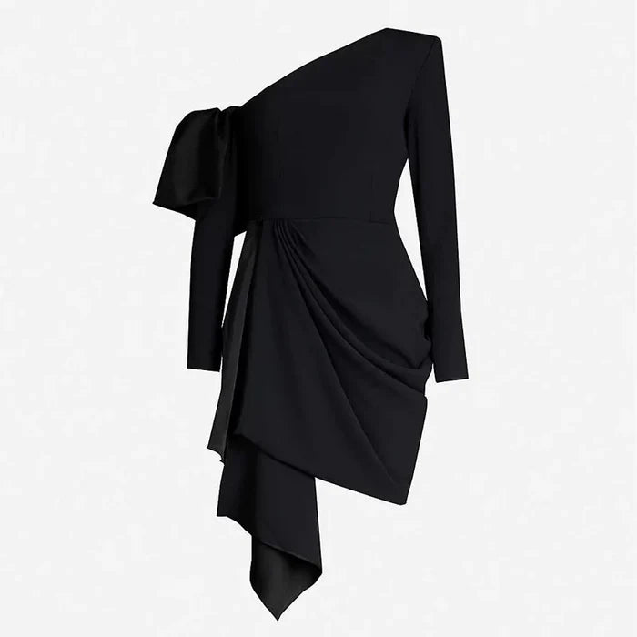 Black One-Shoulder Draped Mini Dress – Noirelle