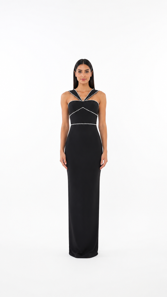 Black Pearl Trim Cutout Evening Dress – LORVÉNA