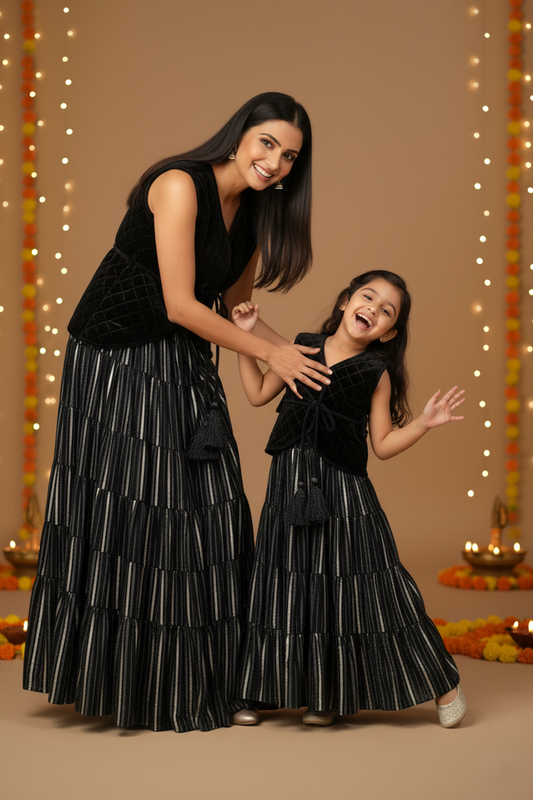 Black Quilted Velvet Waistcoat, Gathered Skirt & Belt Set