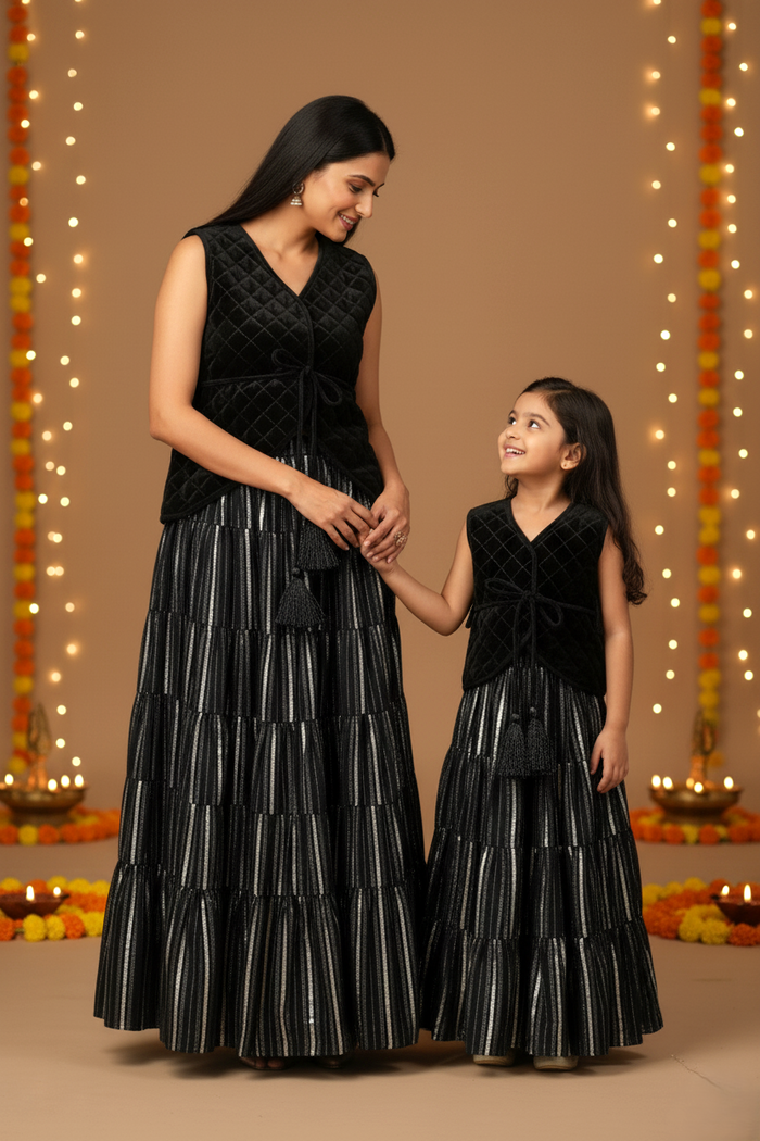 Black Quilted Velvet Waistcoat, Gathered Skirt & Belt Set