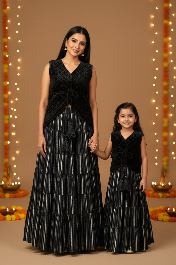 Black Quilted Velvet Waistcoat, Gathered Skirt & Belt Set