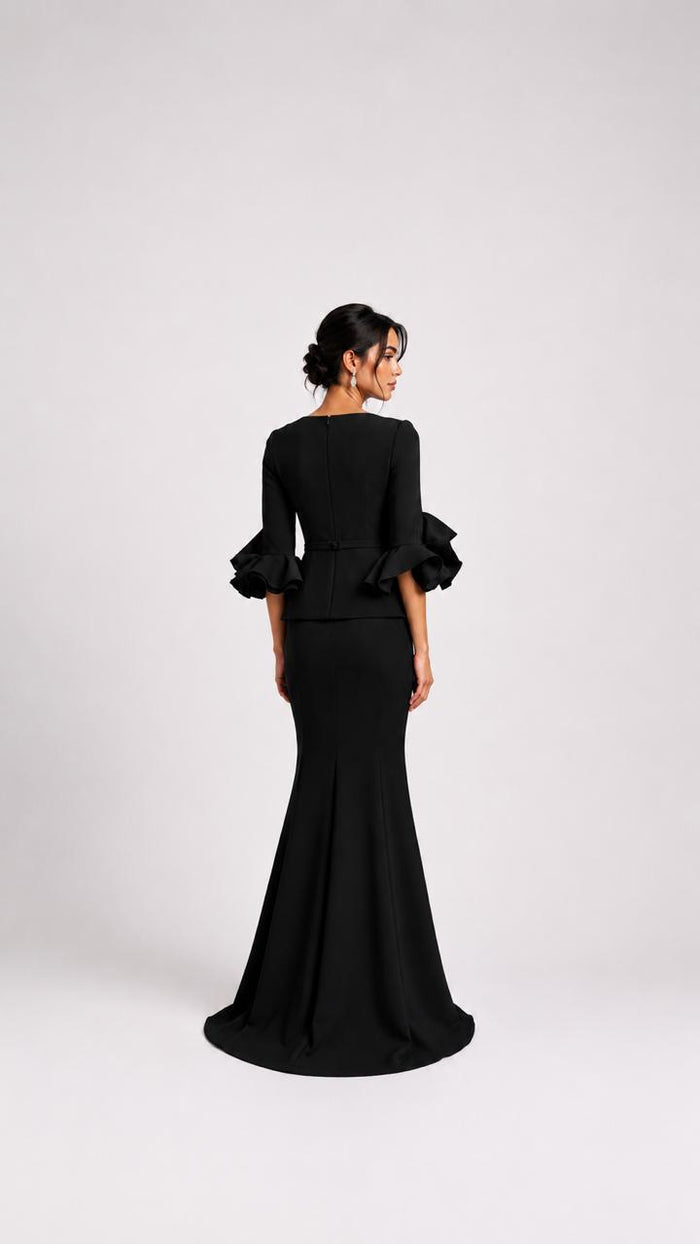 Black Ruffle Sleeve Peplum Mermaid Dress – VELMORA