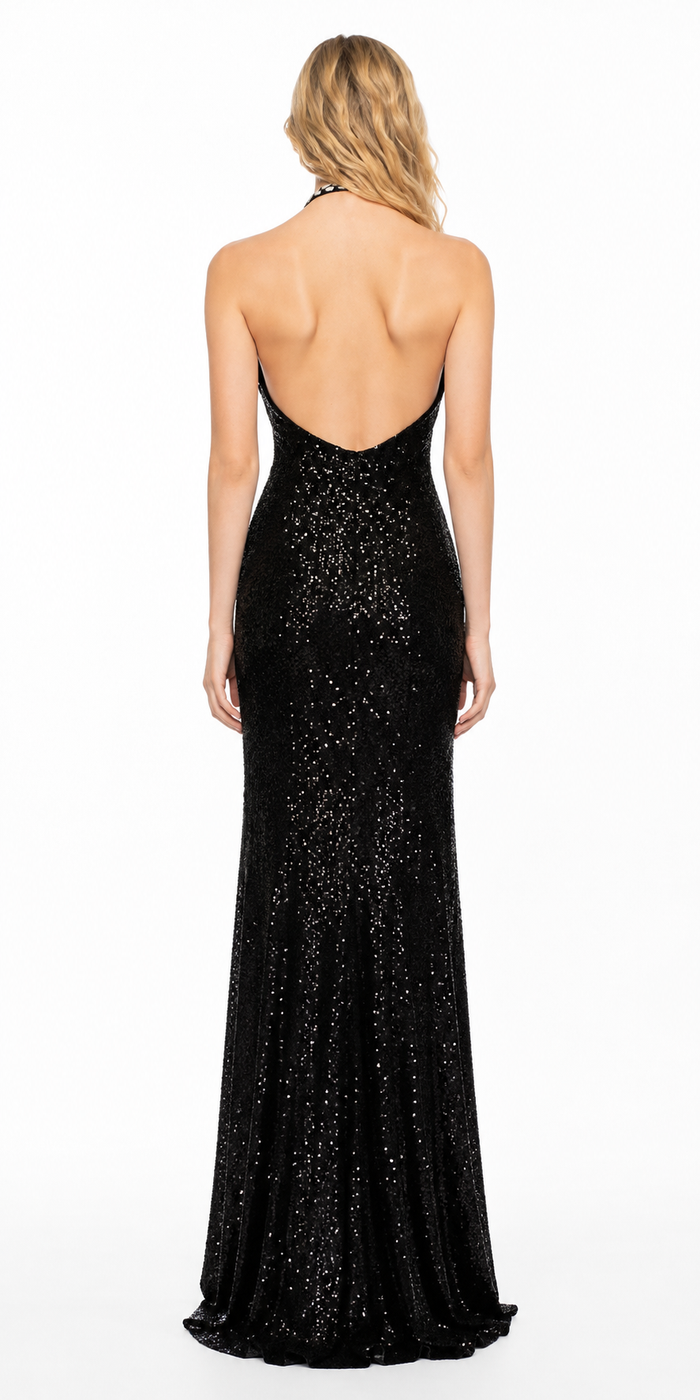 Black Sequin Halter Evening Gown – Starlight