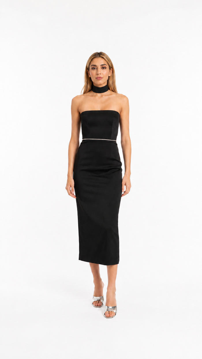 Black Strapless Belted Midi Dress – NOIRELLE
