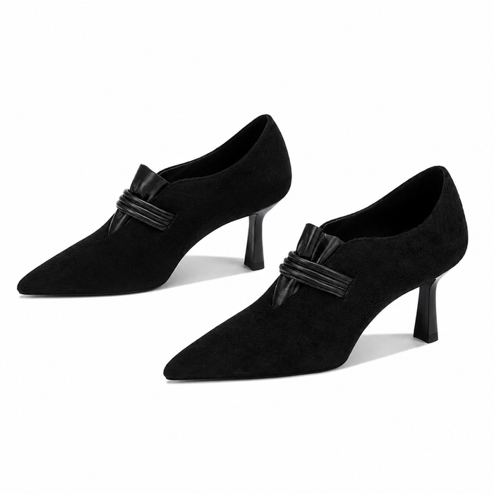 Black Suede Pointed Toe Bow Heels – VELNORA