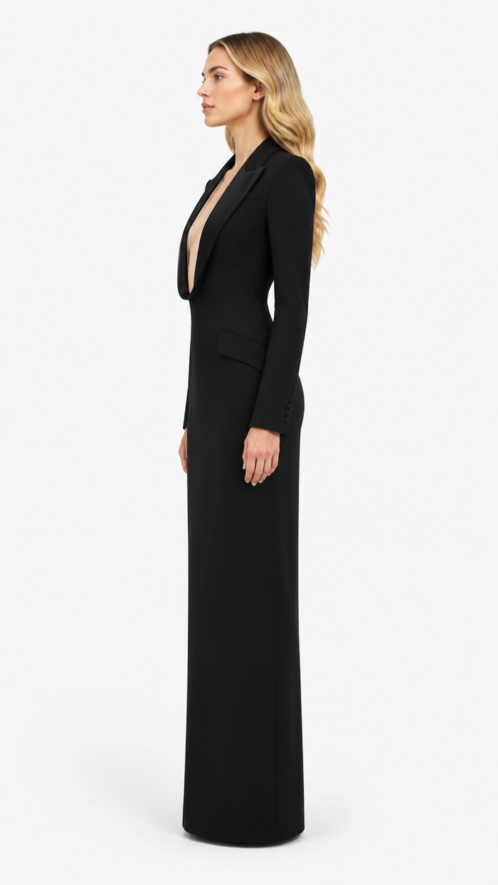 Black Tuxedo Plunge Neck Evening Dress – VALÉRIA