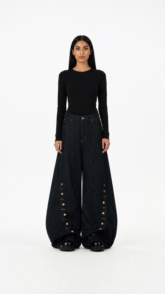 Black Washed Button Detail Wide-Leg Jeans – ZORVEN