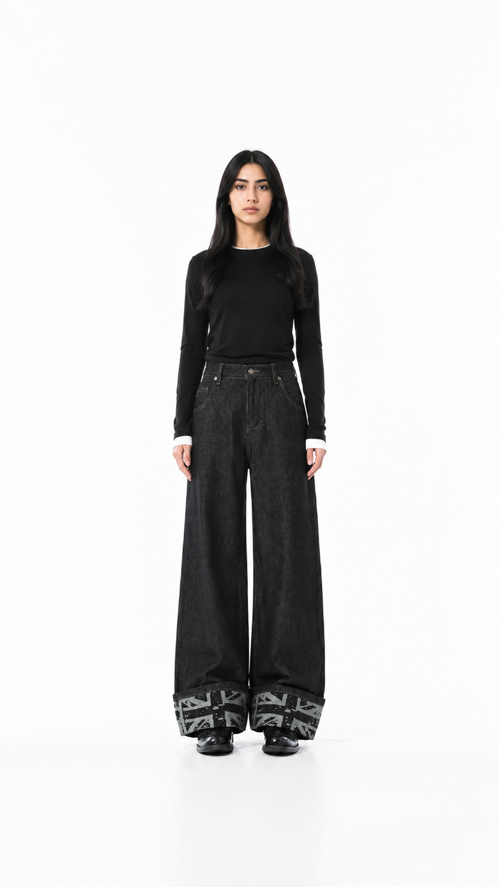 Black Wide-Leg Cuffed Denim Jeans – DREVEN