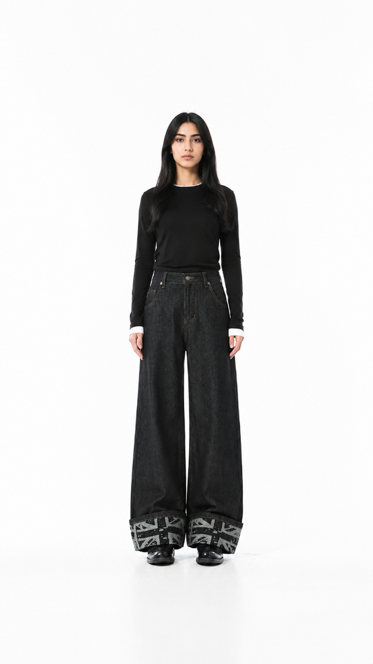 Black Wide-Leg Cuffed Denim Jeans – DREVEN