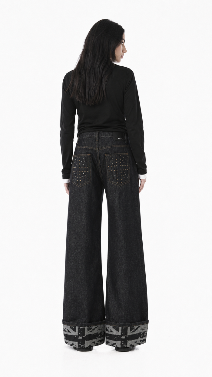 Black Wide-Leg Cuffed Denim Jeans – DREVEN