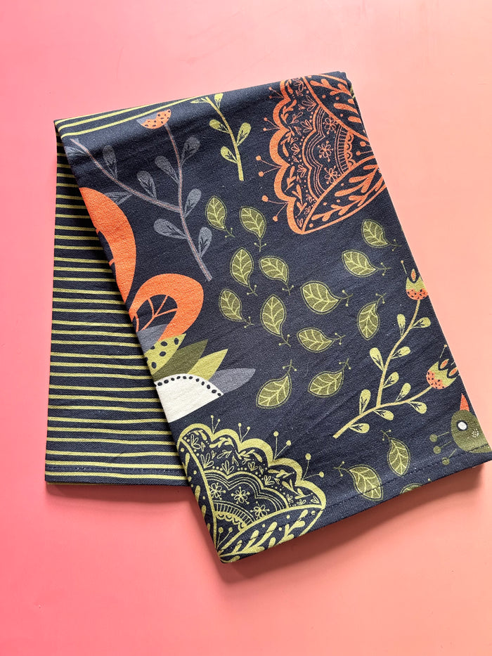 Blooming Birds Cotton Tea Towel – Folk Art Floral Design