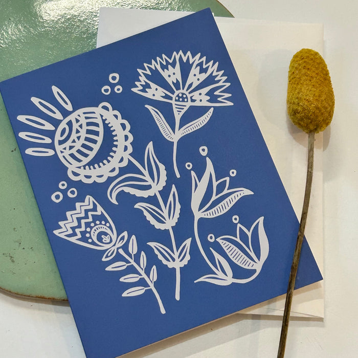 Blue Folk Flowers Card-Any Occasion