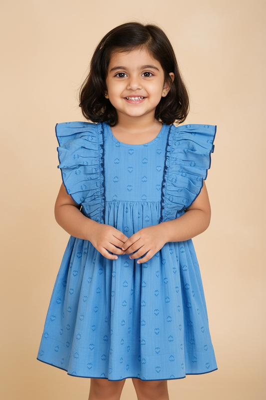 Blue Heart Dobby Kids' Dress with Cap Sleeves and Waist Gathers